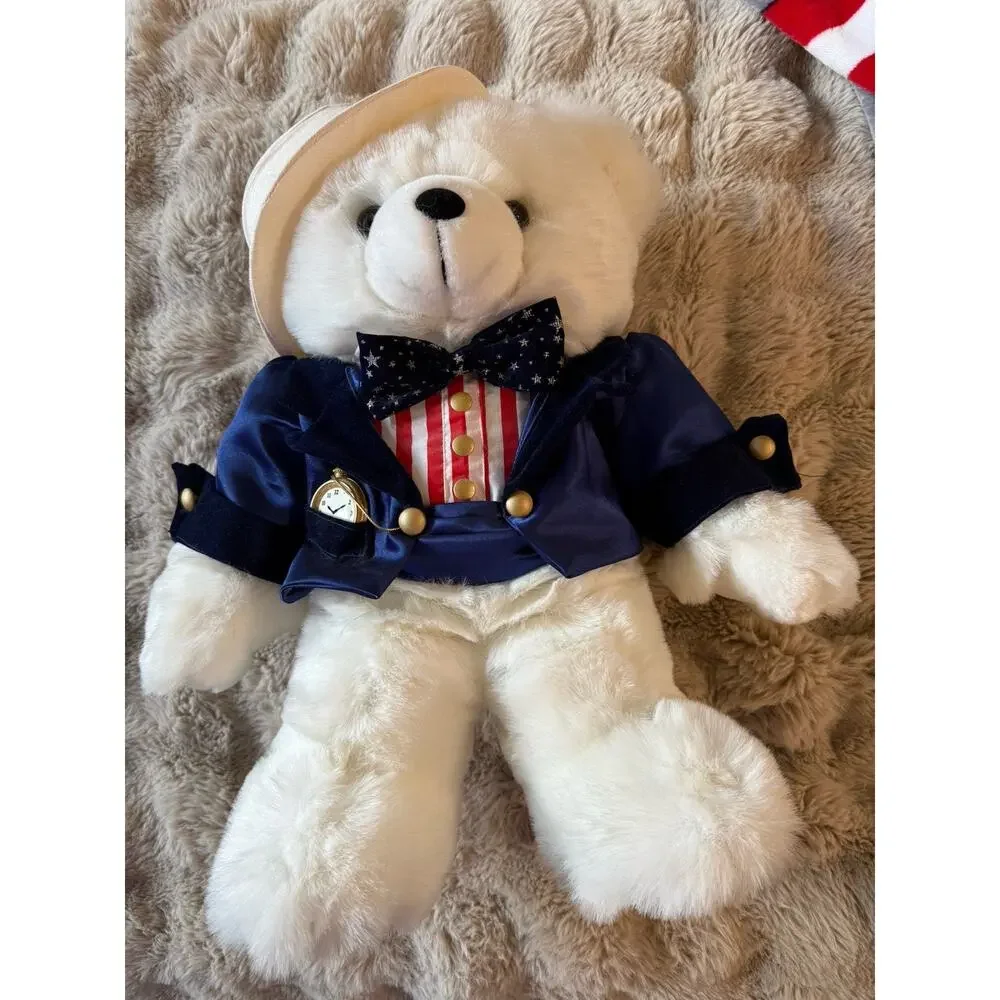2000 Uncle Sam Patriotic Musical Teddy Bear Lights Voice Clock Plush 18” Works